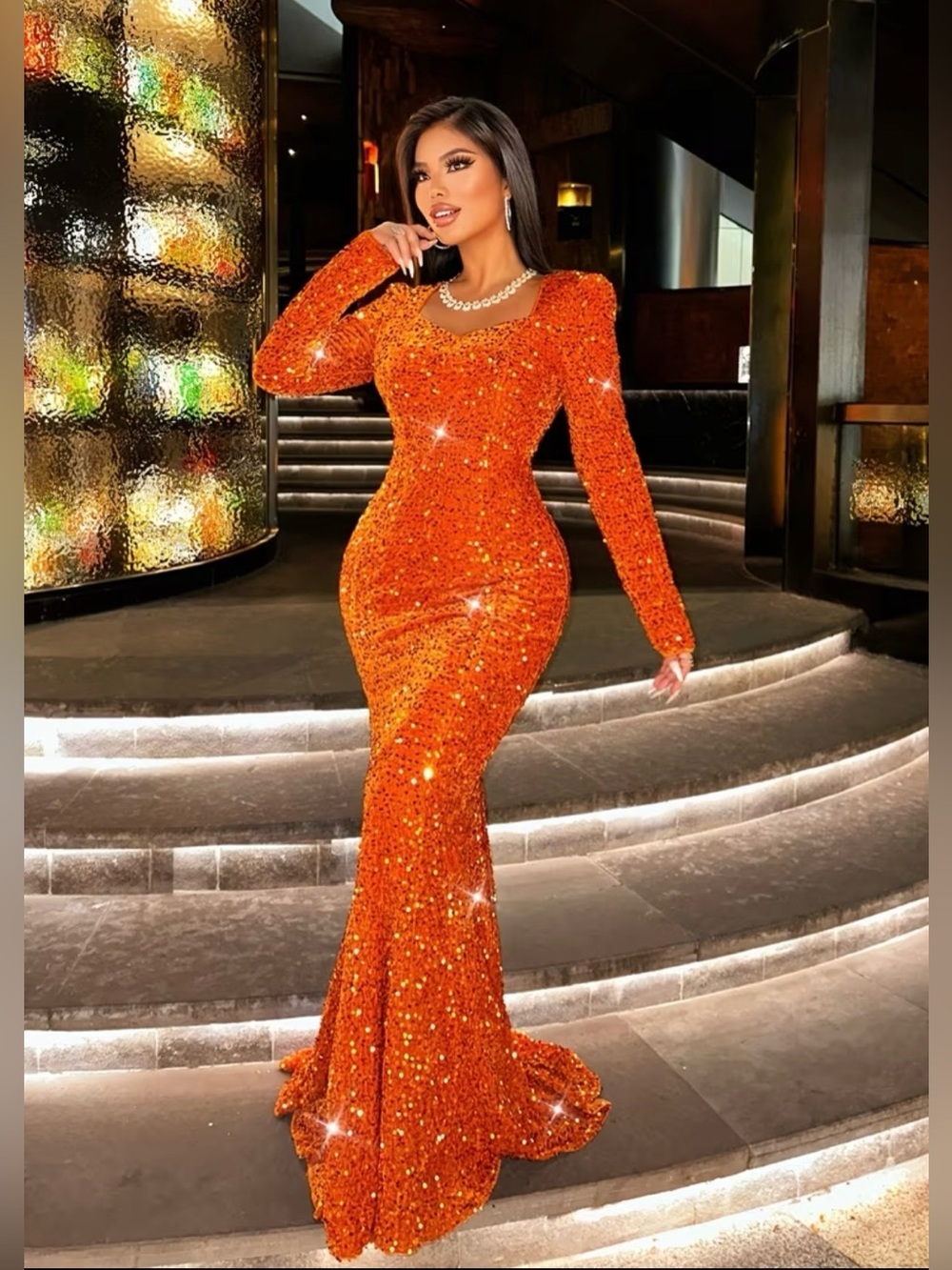 Women’s Elegant Orange Sequin Long-Sleeve Mermaid Gown Dress Size L